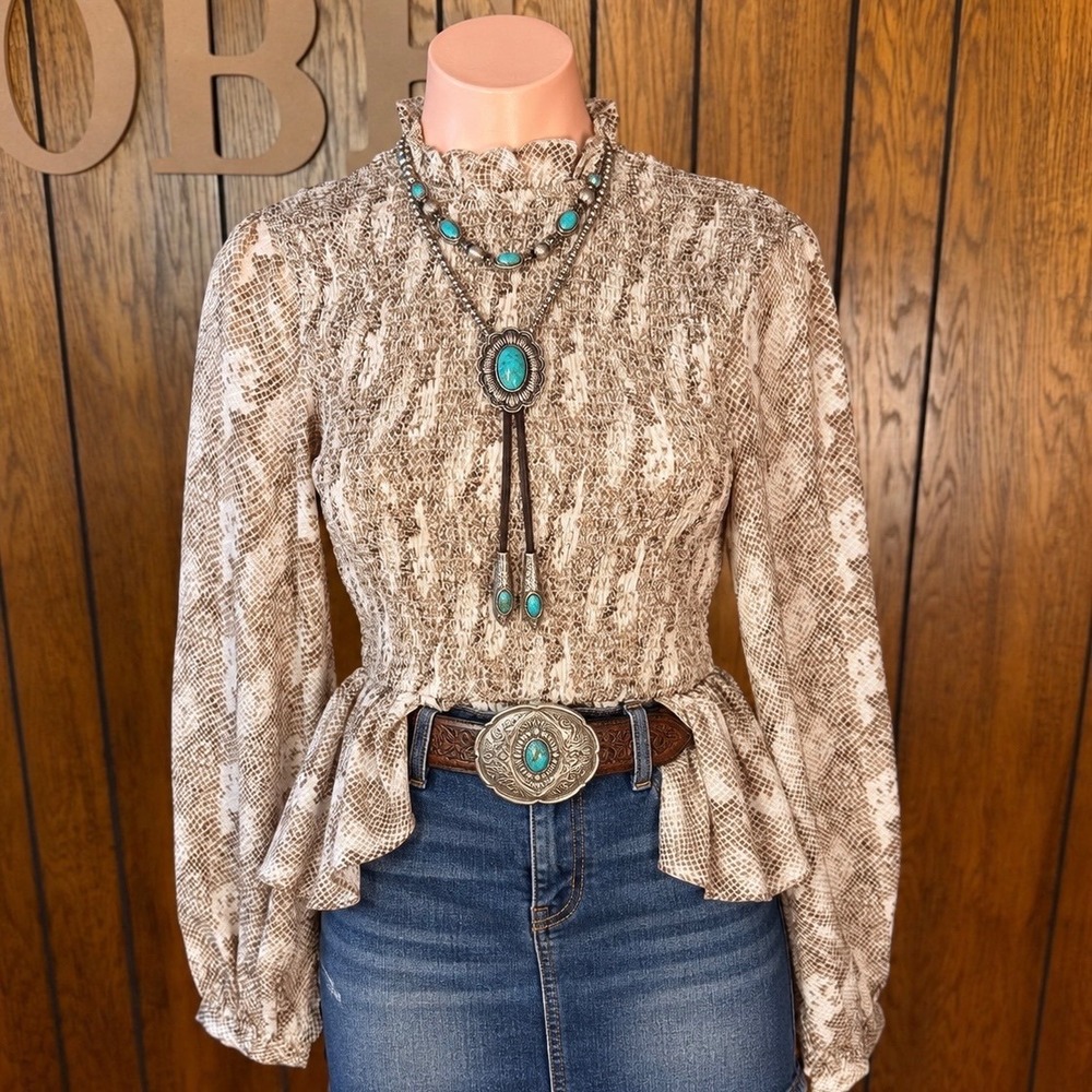 Brown Snakeskin Peplum Blouse  In The Beginning Womens S Smocked Mock Neck Top